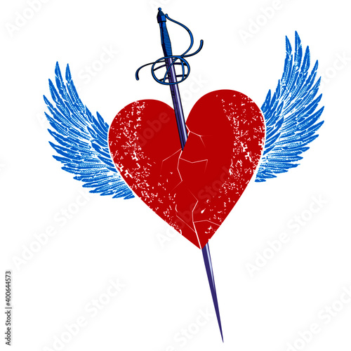 Vector illustration of a sword stuck in a winged heart isolated on white. Romantic drawing for Valentine's day t-shirts and posters.