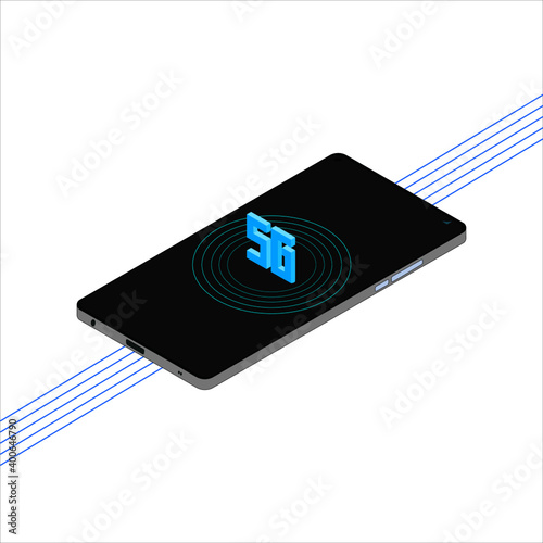 isometric vector smartphone with blue 5G graphic illustration, suitable for design elements on the theme of technology, internet, telecommunications, media and mobile phones.