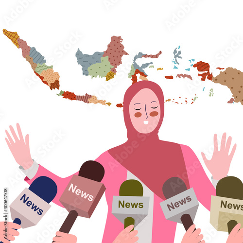 islamic women front microphone interview mass media news background of indonesian island map with flat cartoon style