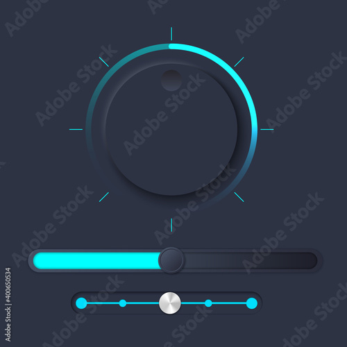 Neumorph UI kit with Volume Knob and slider. Dark color set. Workflow graphic elements in Skeuomorph Trend Design. Circular Elements for smart technology applications. Vector illustration.