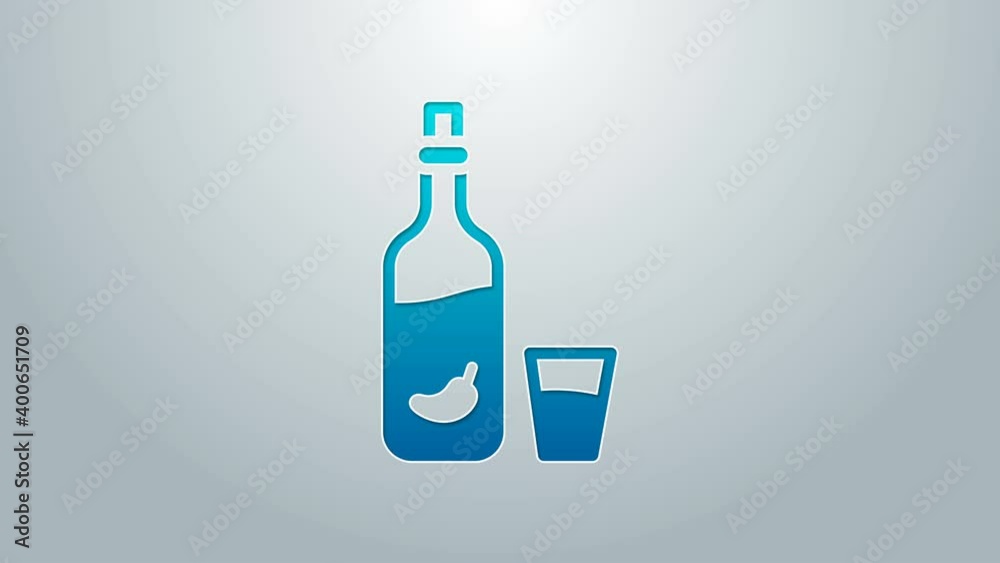 Blue line Vodka with pepper and glass icon isolated on grey background. Ukrainian national alcohol. 4K Video motion graphic animation Blue line Vodka with pepper and glass icon isolated on grey background. Ukrainian national alcohol. 4K Video motion graphic animation
