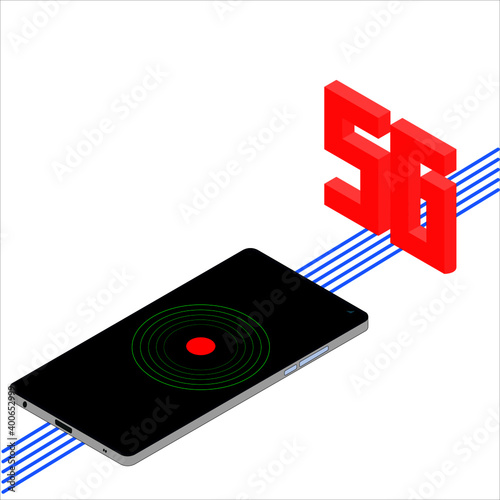 isometric vector smartphone with 5G graphic illustration with five diagonal blue lines, suitable for design elements with the theme of internet, technology, telecommunications, media and mobile phones
