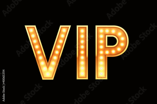 Vip banner, retro styled text with shiny lights, vector illustration