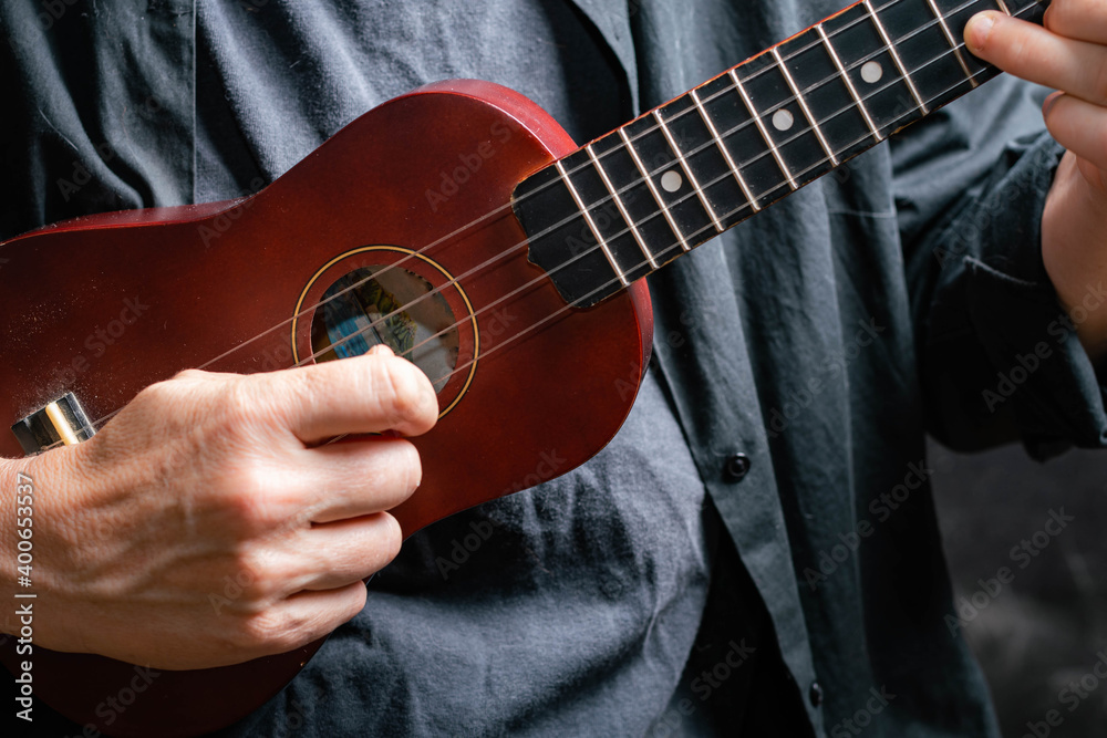 macro close-up of ukulele in brown details with dark background and backlight