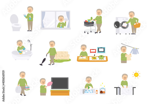 家事をする高齢男性のイラスト