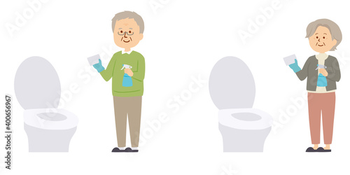 トイレ掃除をするシニアのイラスト