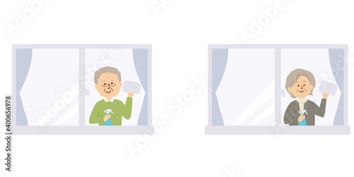 窓ふきをするシニアのイラスト