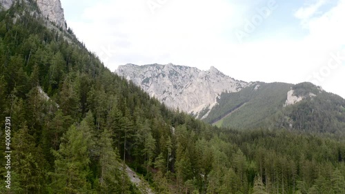 Aerial - Showing of a beautifull forest on the base of a big mountain. Drone was flying really close to the trees photo