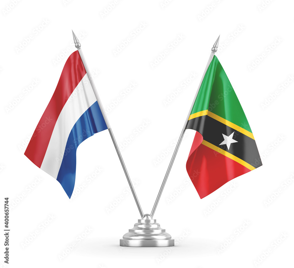 Saint Kitts and Nevis and Netherlands table flags isolated on white 3D rendering