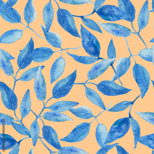 Vintage seamless background with blue leaves and branches.