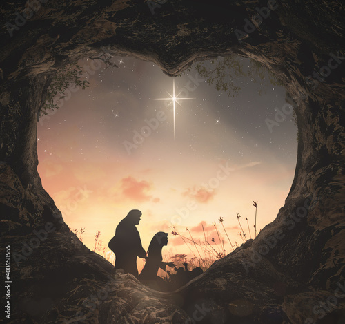 Christmas religious nativity concept  Silhouette mother Mary and father Joseph looking Jesus born in birth manger on Christmas Eve - 3d illustration