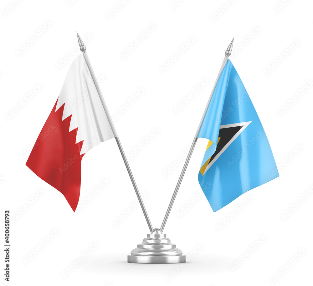 Saint Lucia and Bahrain table flags isolated on white 3D rendering Saint Lucia and Bahrain table flags isolated on white 3D rendering