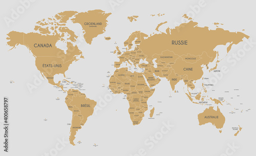 Political World Map vector illustration with country names in french. Editable and clearly labeled layers.