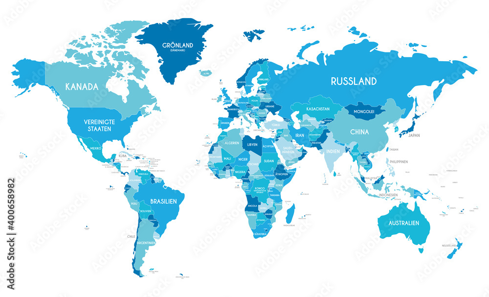 Obraz Ilustracja wektorowa polityczna mapa świata z różnymi odcieniami niebieskiego dla każdego kraju i nazwy kraju w języku niemieckim. Edytowalne i wyraźnie oznaczone warstwy.