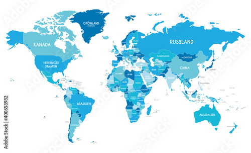 Political World Map vector illustration with different tones of blue for each country and country names in german. Editable and clearly labeled layers.