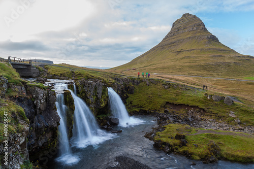 Kirkjufell Mountain with waterfalls. Kirkjufell is a 463 m high mountain on the north coast of Iceland's Snæfellsnes peninsula.