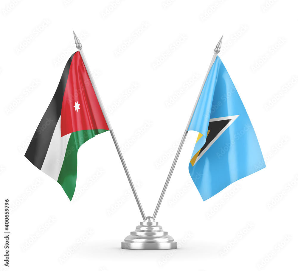 Saint Lucia and Jordan table flags isolated on white 3D rendering Saint Lucia and Jordan table flags isolated on white 3D rendering