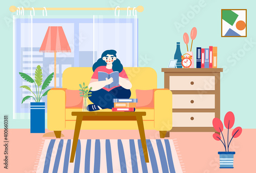 A reading girl sitting on the couch illustration