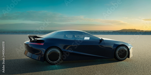 EV concept car on asphalt road. 3d rendering with my own creative design.