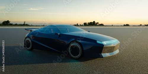 EV concept car on asphalt road. 3d rendering with my own creative design.