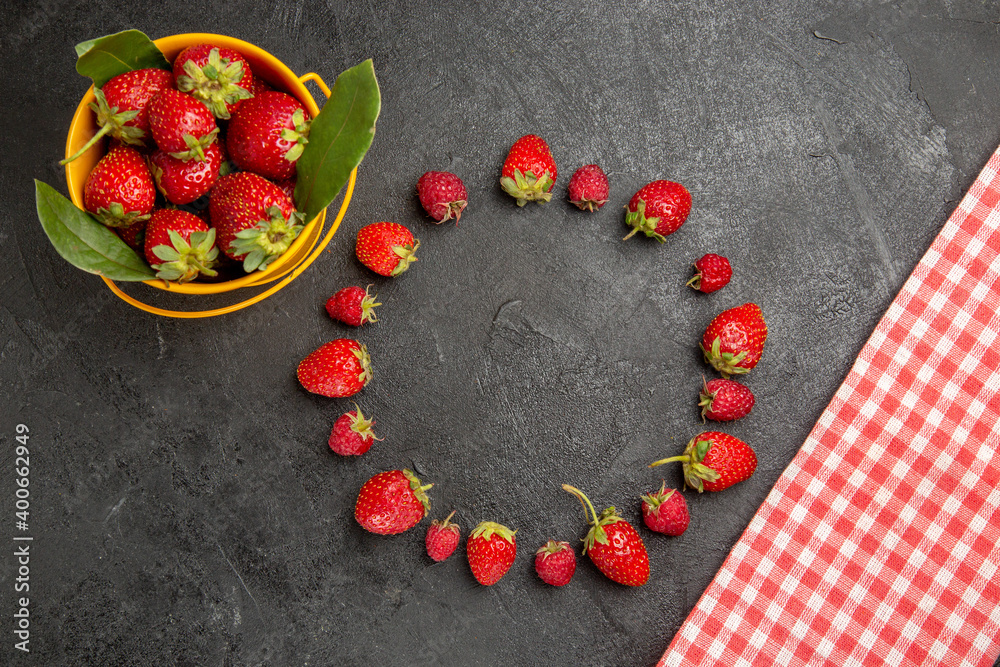 top view fresh red strawberries on a dark background berry color fruit raspberry top view fresh red strawberries on a dark background berry color fruit raspberry