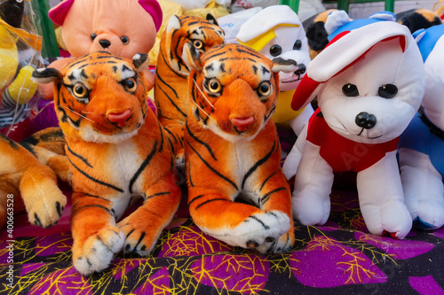 Colorful small animal dolls , handicraft products being sold at hastashilpomela or handicrafts fair at Kolkata, West Bengal, India