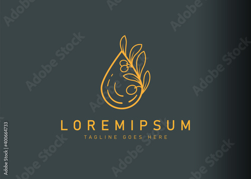 Oil olive logo design. Icon vector illustration of olive branch with water drop. Modern logo design with line art style.