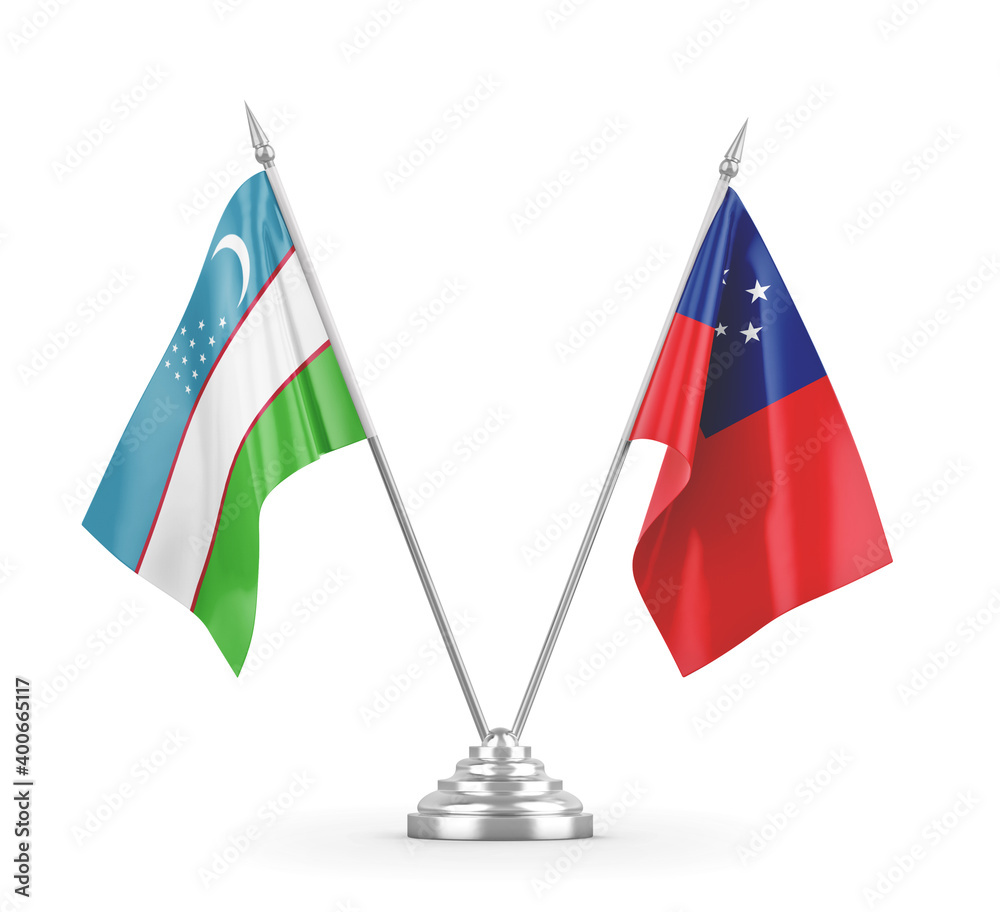 Samoa and Uzbekistan table flags isolated on white 3D rendering
