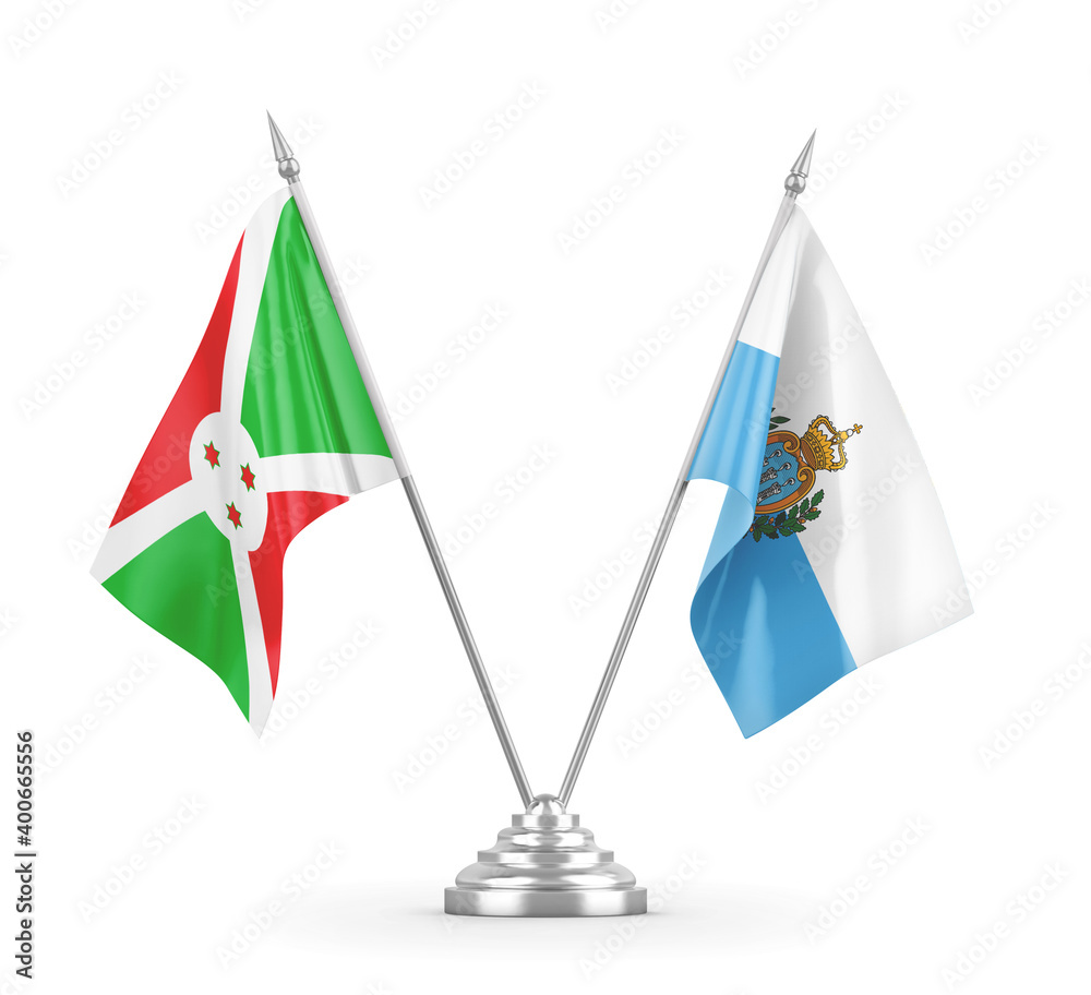 San Marino and Burundi table flags isolated on white 3D rendering San Marino and Burundi table flags isolated on white 3D rendering