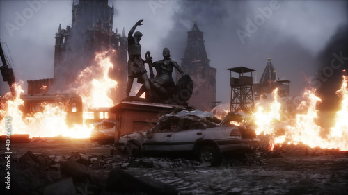 Russian apocalypsis. burning ruined Moscow city. Armageddon view. Realistic fire simulation. Postapocalyptic. 3d rendering.