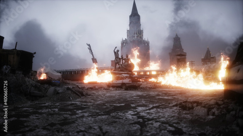 Russian apocalypsis. burning ruined Moscow city. Armageddon view. Realistic fire simulation. Postapocalyptic. 3d rendering.
