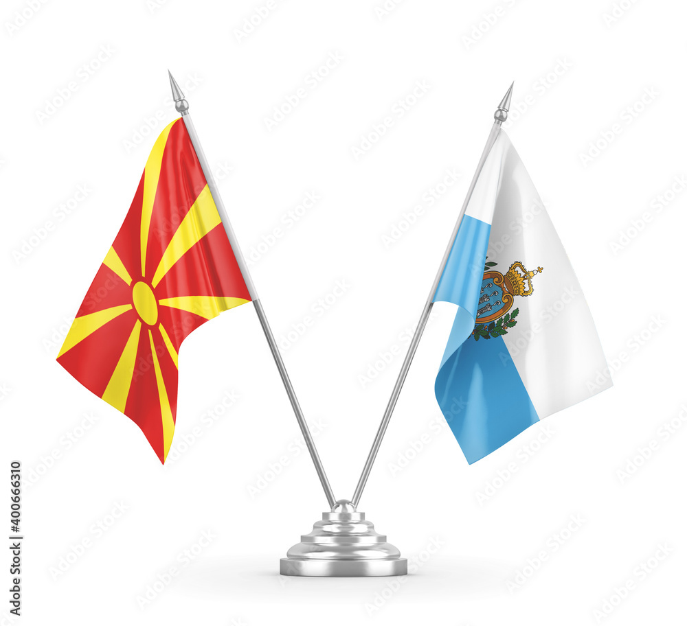 San Marino and North Macedonia table flags isolated on white 3D rendering San Marino and North Macedonia table flags isolated on white 3D rendering