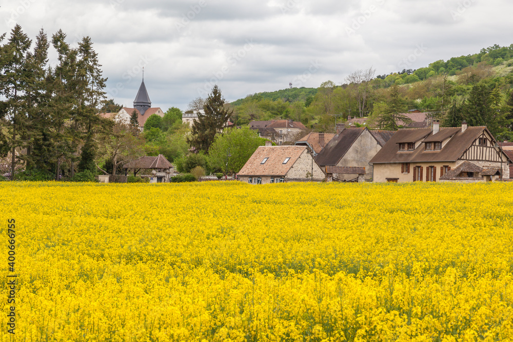 Canola field with village Giverny and hill in background at Giverny, France. Giverny is a village west of Paris. It's known as the place where painter Claude Monet lived.