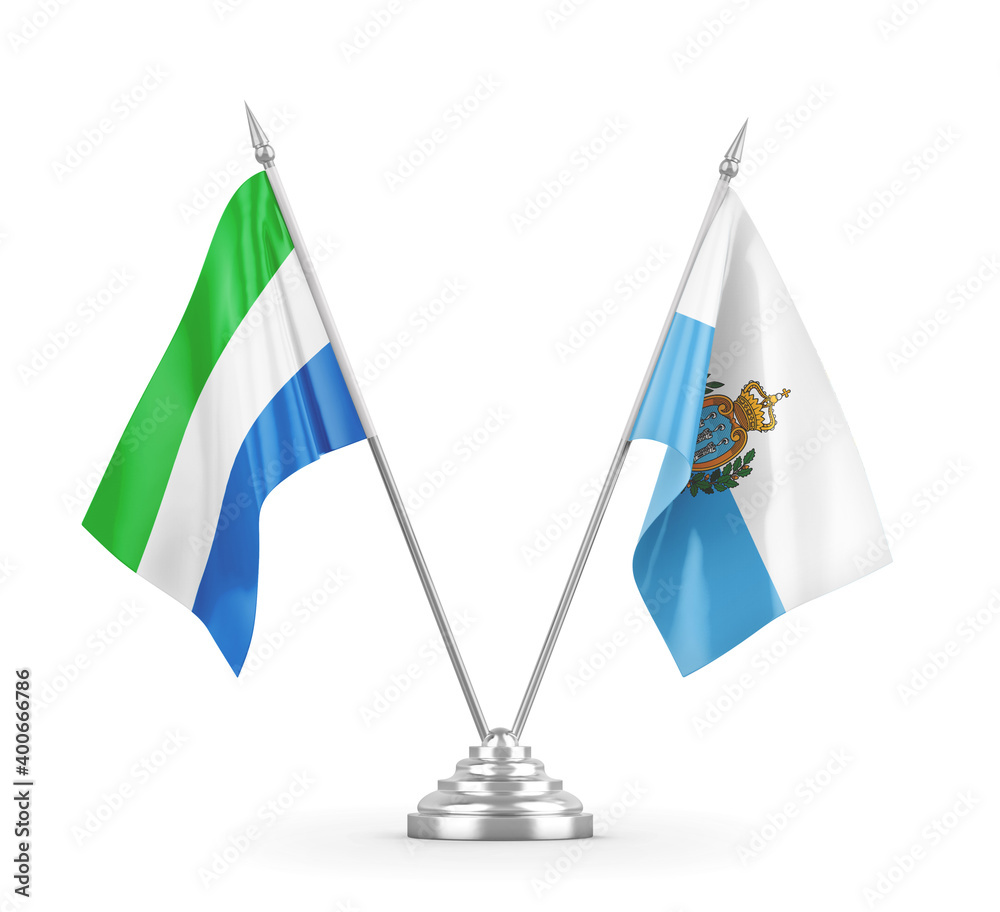 San Marino and Sierra Leone table flags isolated on white 3D rendering