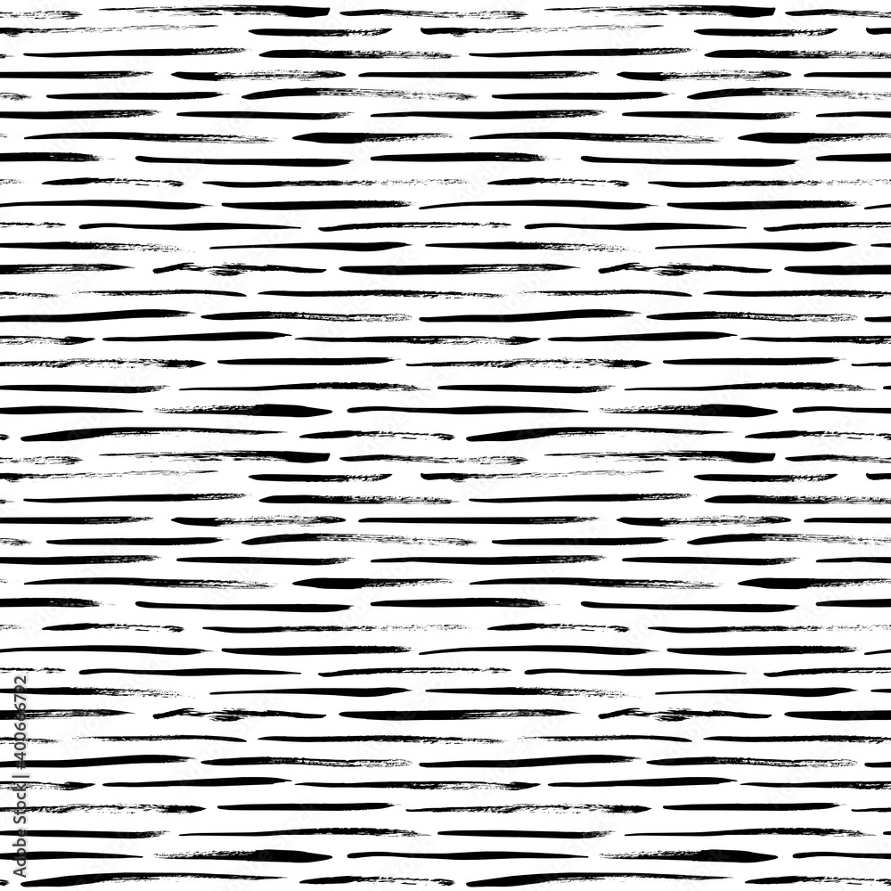 Grunge broken lines vector seamless pattern. Horizontal brush strokes, straight stripes or lines. Black ink striped hand drawn background. Geometric ornament for wrapping paper. Dry brushstrokes