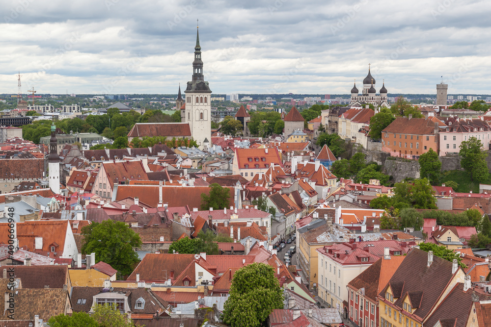 Tallinn Old Town aerial skyline panorama view on May 17, 2016, Estonia.
Tallinn is the capital and largest city of Estonia on the Baltic Sea.