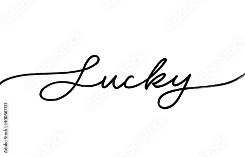 Word Lucky hand drawn line lettering with swooshes. Modern black vector calligraphy. Typographic style template for St. Patrick's Day. Hand written Irish celebration design isolated on white.