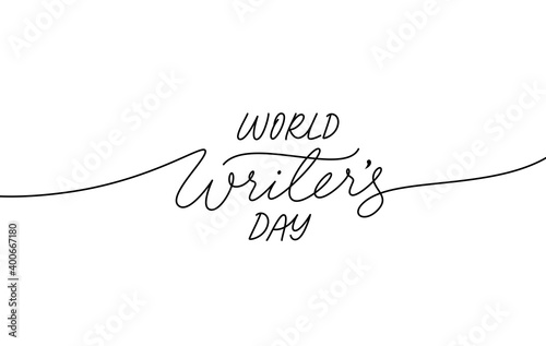 World Writer's day greeting card. Hand drawn vector line calligraphy with swooshes isolated on white background. White and black elegant lettering banner. Template for a poster, cards, banner.