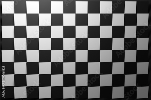 3D illustration black and white checkered geometric pattern of pyramids. Classic chessboard. Decorative print, pattern. Square Volumetric Print
