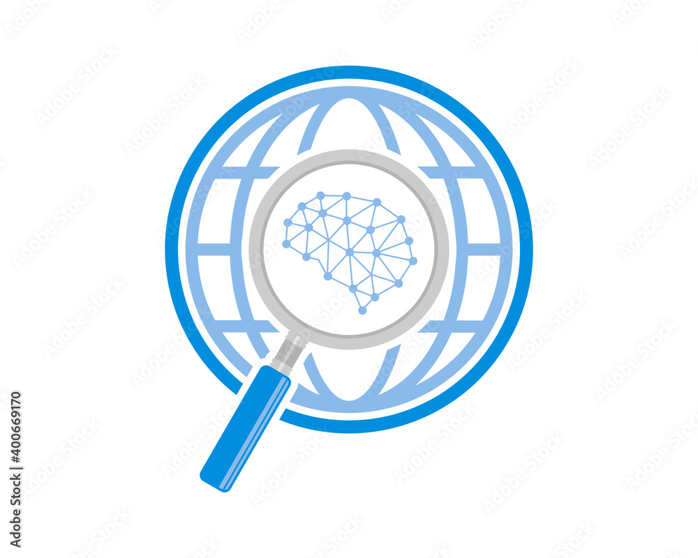 Brain in the magnifying glasses with globe logo Brain in the magnifying glasses with globe logo