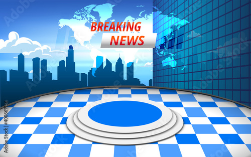 blue stand and breaking news on lcd screen background in the news studio room