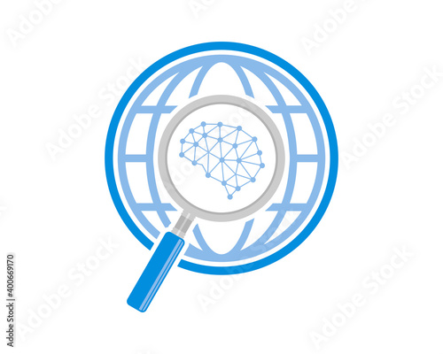 Brain in the magnifying glasses with globe logo