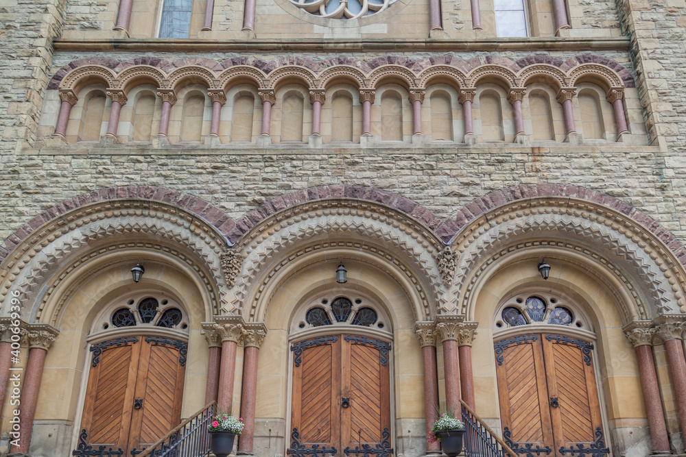 TORONTO, CANADA - JUNE 18, 2017: Exterior view of St. Andrew church,  a large and historic Romanesque Revival Presbyterian church in downtown Toronto, Ontario. 
