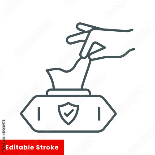 Hand pulling wet tissue thin line icon, wash and hygiene, hand tissues sign, vector graphics, a linear pattern on a white background, editable stroke eps 10