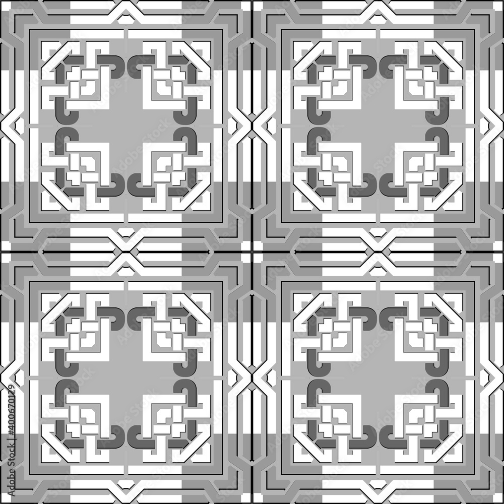 Celtic style seamless pattern. Vector ornamental light background. Geometric repeat plaid tartan backdrop. Square frames, lines, shapes, borders. Elegant ornament. Decorative ornate monochrome design