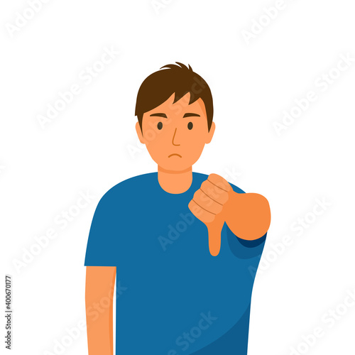 Man express thumb down in flat design. Dislike hand vector on white background. Male angry and show disagree hand gesture.