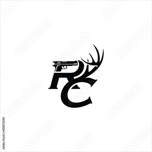 RC letter initials concept with a deer antler and pistol combination for personal hunting clothing business