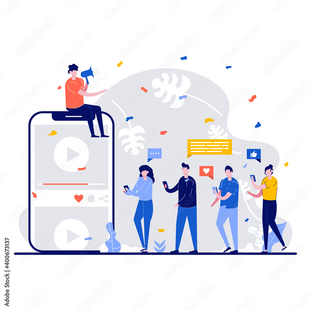 Social media marketing concept with tiny character. People follow blogger, influencer, like and share information flat illustration. Promotion in internet networks, digital advertising ads metaphor - obrazy, fototapety, plakaty 