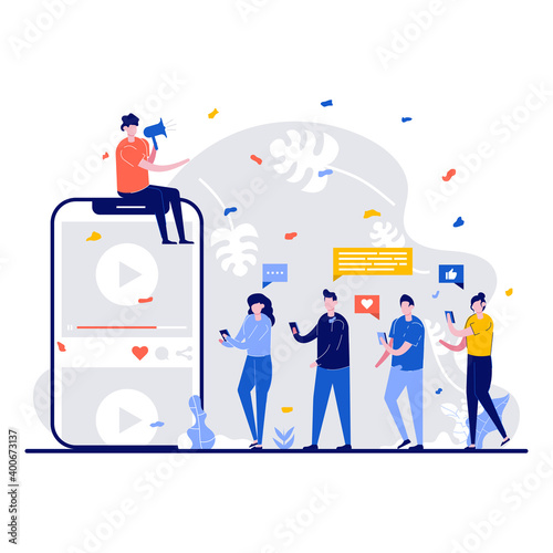 Social media marketing concept with tiny character. People follow blogger, influencer, like and share information flat illustration. Promotion in internet networks, digital advertising ads metaphor