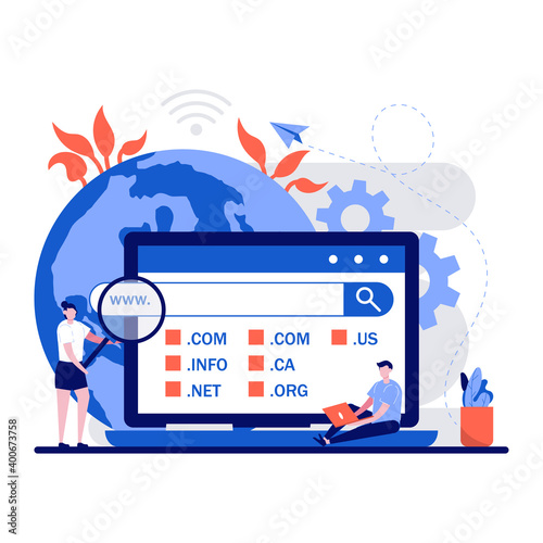 Domain registration web page concept with tiny character. People choose, find, purchase, register website domain name flat vector illustration. Can use for mobile app, landing page idea